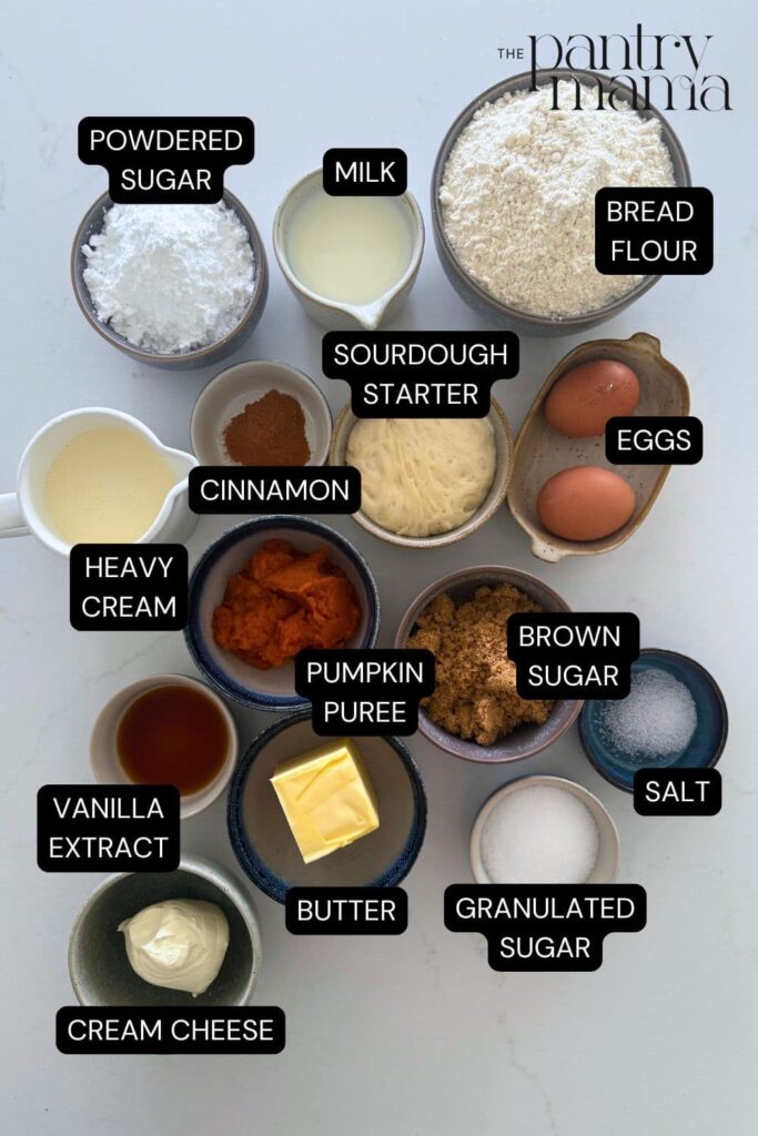 Flat lay of ingredients necessary to create sourdough pumpkin cinnamon rolls.