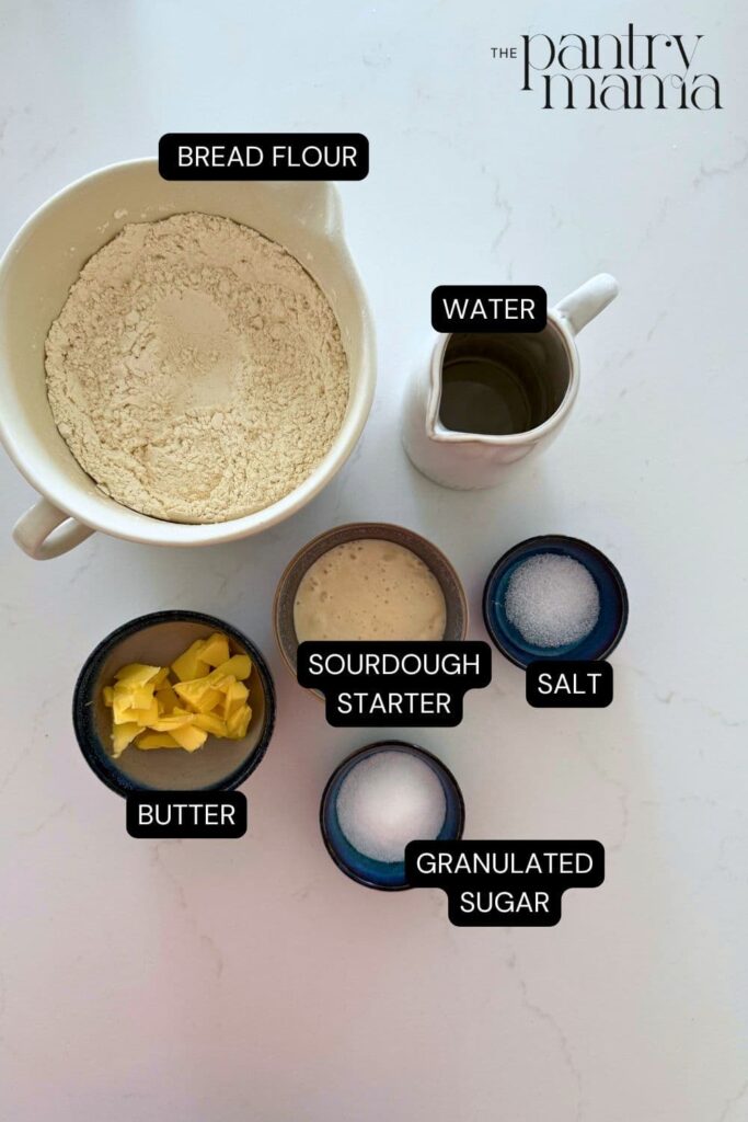 Flat lay of ingredients necessary to make sourdough sandwich bread.