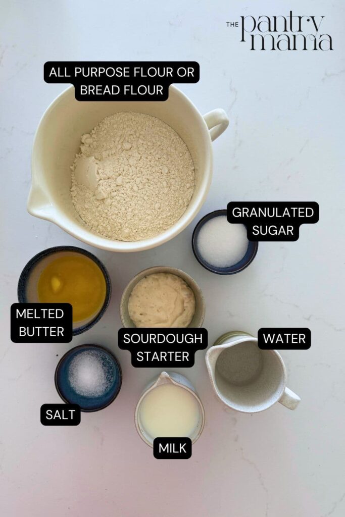 Flat lay of ingredients necessary to make sourdough dinner rolls.