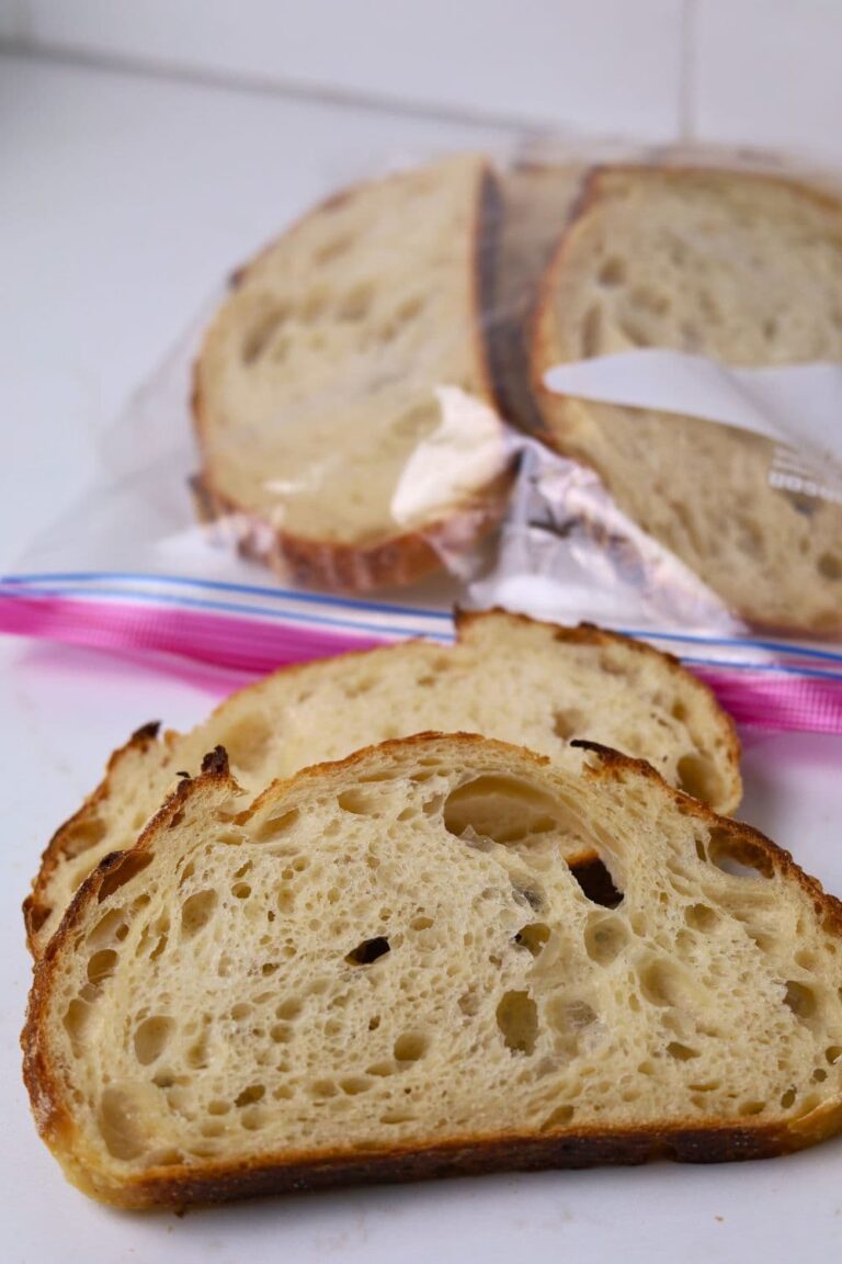 A photo of 2 slices of sourdough bread in the foreground, with a ziplock bag of sourdough slices in the background.