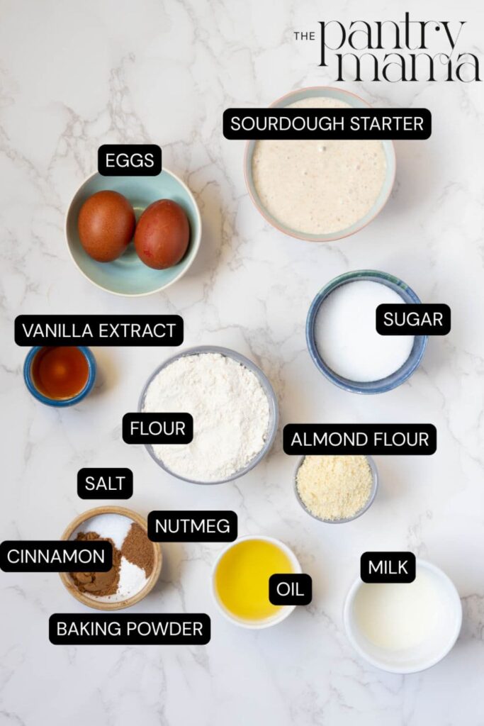Flat lay of ingredients necessary to make sourdough cinnamon muffins.