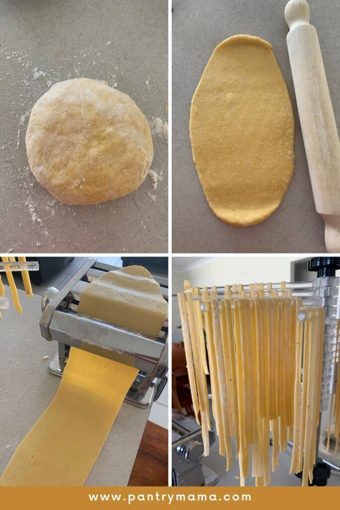 A series of 4 photos showing the process of running a ball of sourdough pasta dough through a pasta machine and turning it into sourdough fettucine.