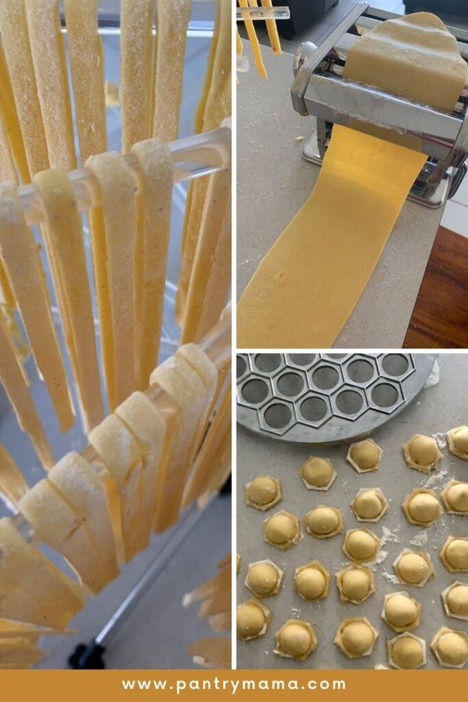 A series of 3 photos showing sourdough pasta in 3 different parts of the process - from being run through a pasta machine to roll out the pasta dough to drying on a pasta drying rack to being made into ravioli.
