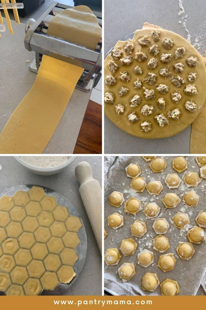 4 photos showing sourdough pasta dough being made into pork filled ravioli.