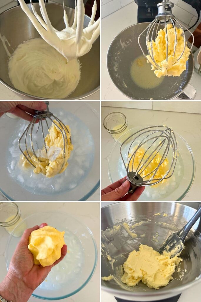 A series of 6 photos showing homemade butter being made in a stand mixer.