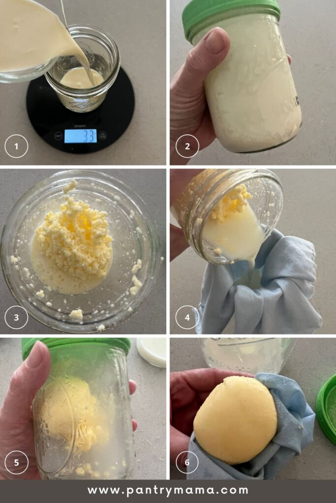 A series of 6 process photos showing homemade butter being made in a mason jar.