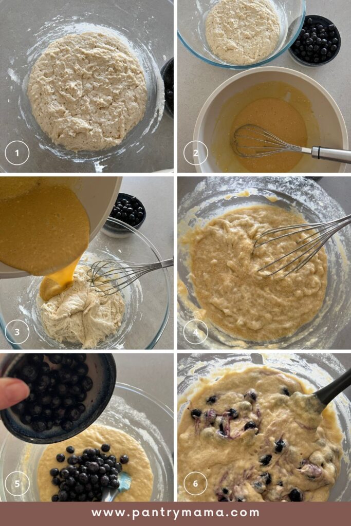 A series of 6 process images for making overnight sourdough blueberry muffins.
