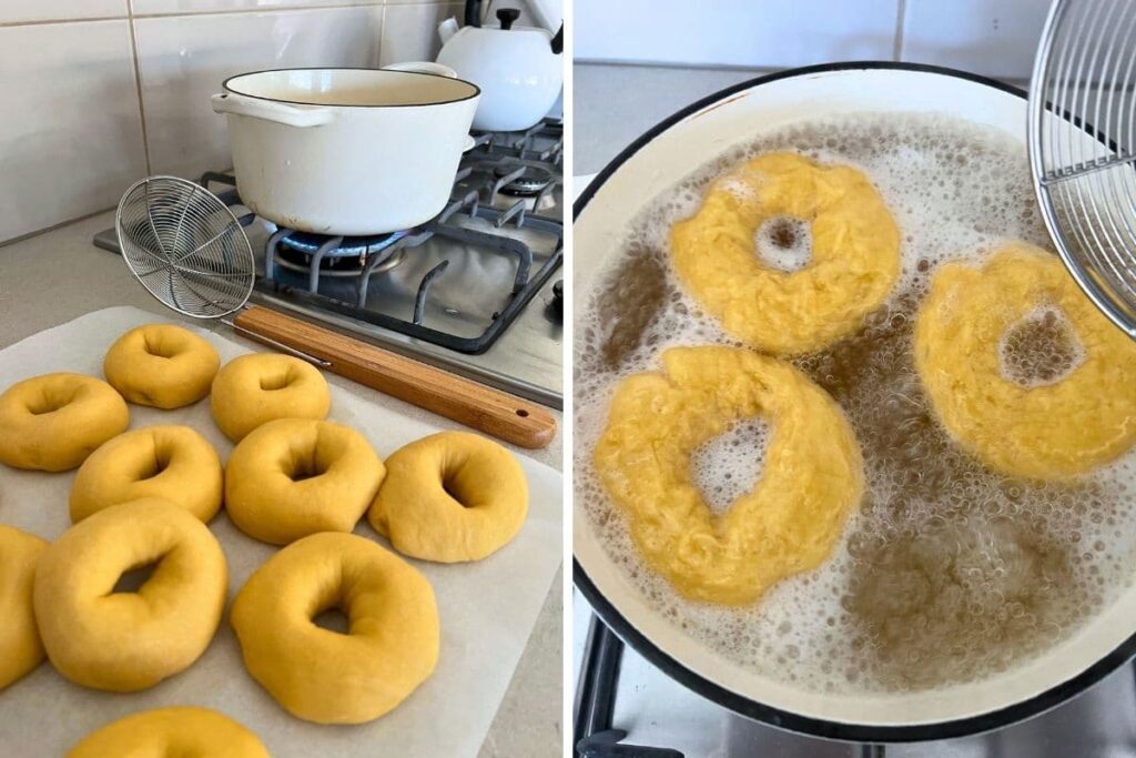 2 photos showing how to boil sourdough pumpkin bagels.