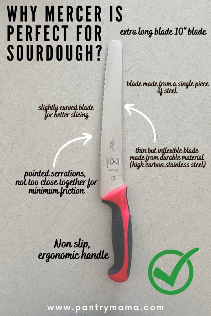 Infographic detailing the features of a Mercer bread knife.