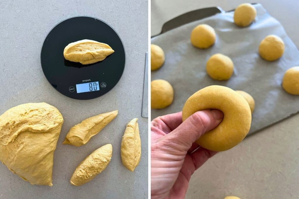 2 photos showing the process of dividing and shaping the sourdough pumpkin bagel dough.