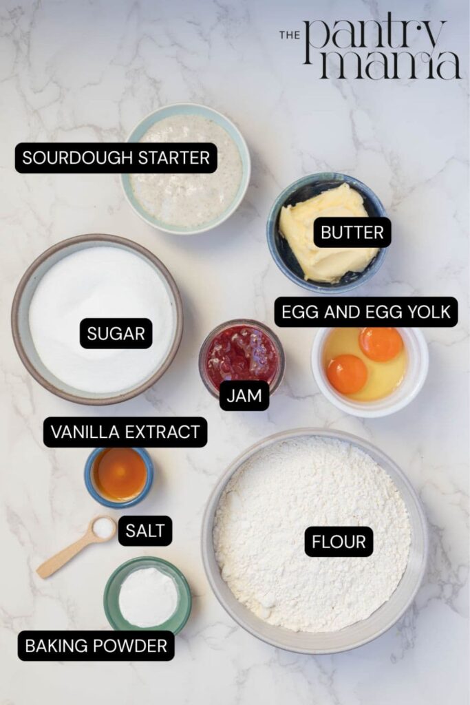Flat lay of ingredients used to make sourdough discard thumbprint cookies.