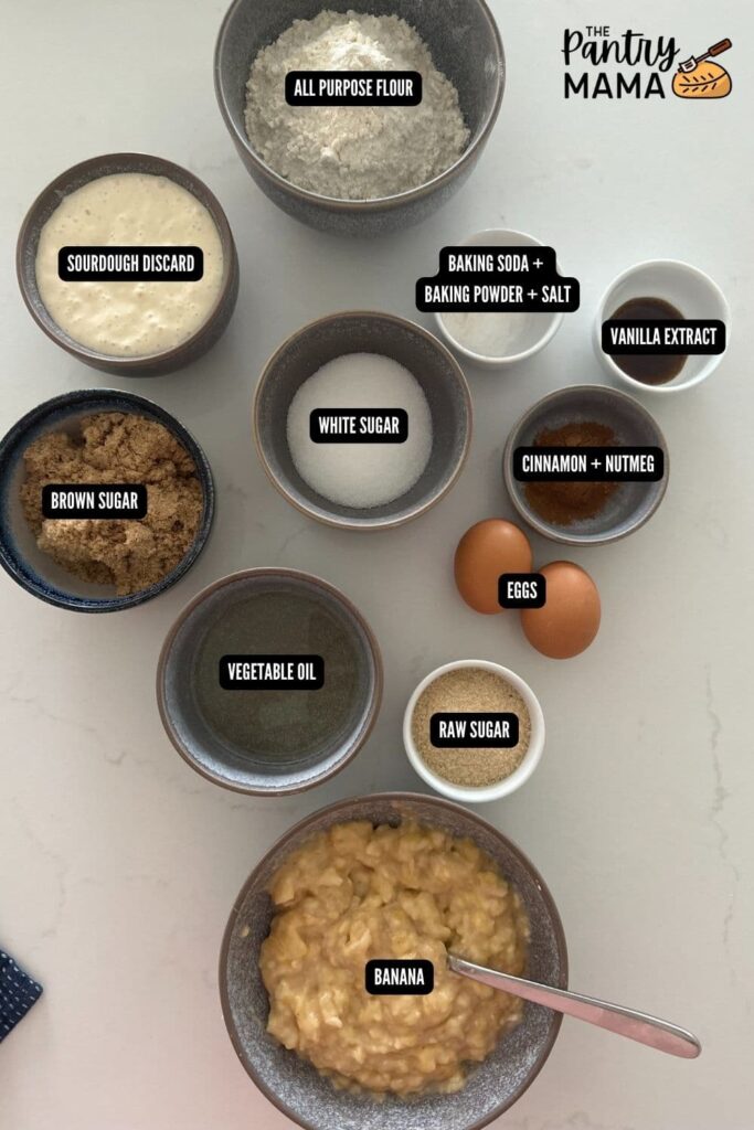 Flat lay of ingredients used to make sourdough banana muffins.