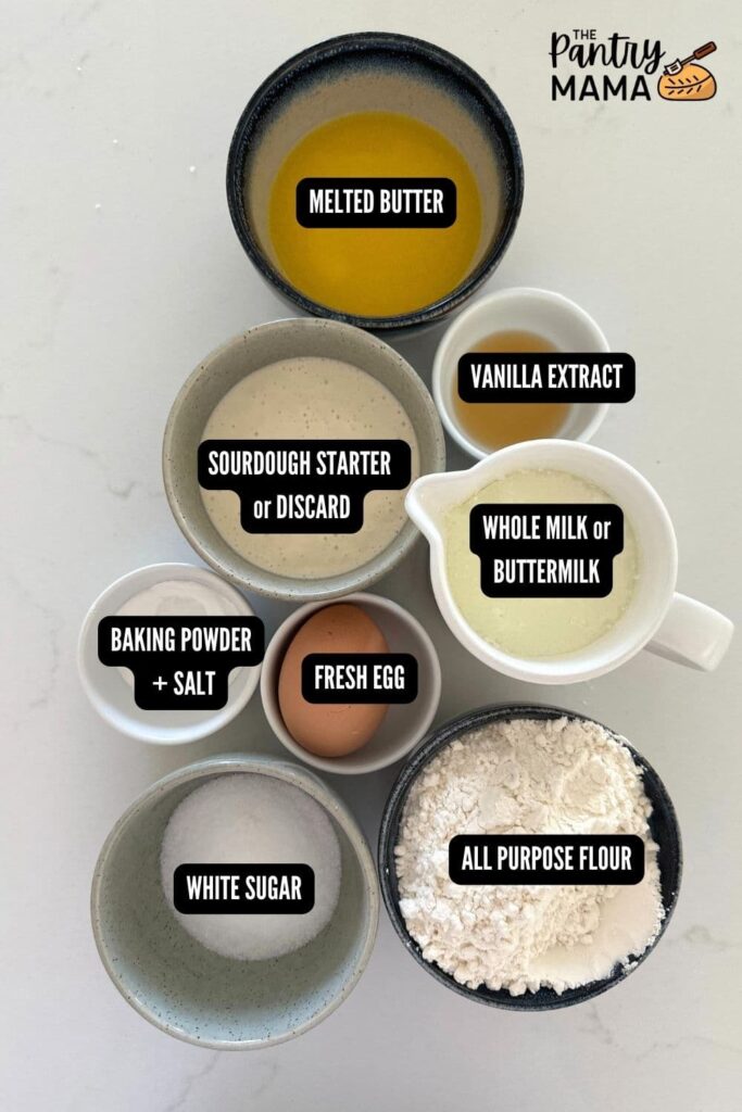 A flat lay of ingredients necessary to make sourdough discard sheet pan pancakes.