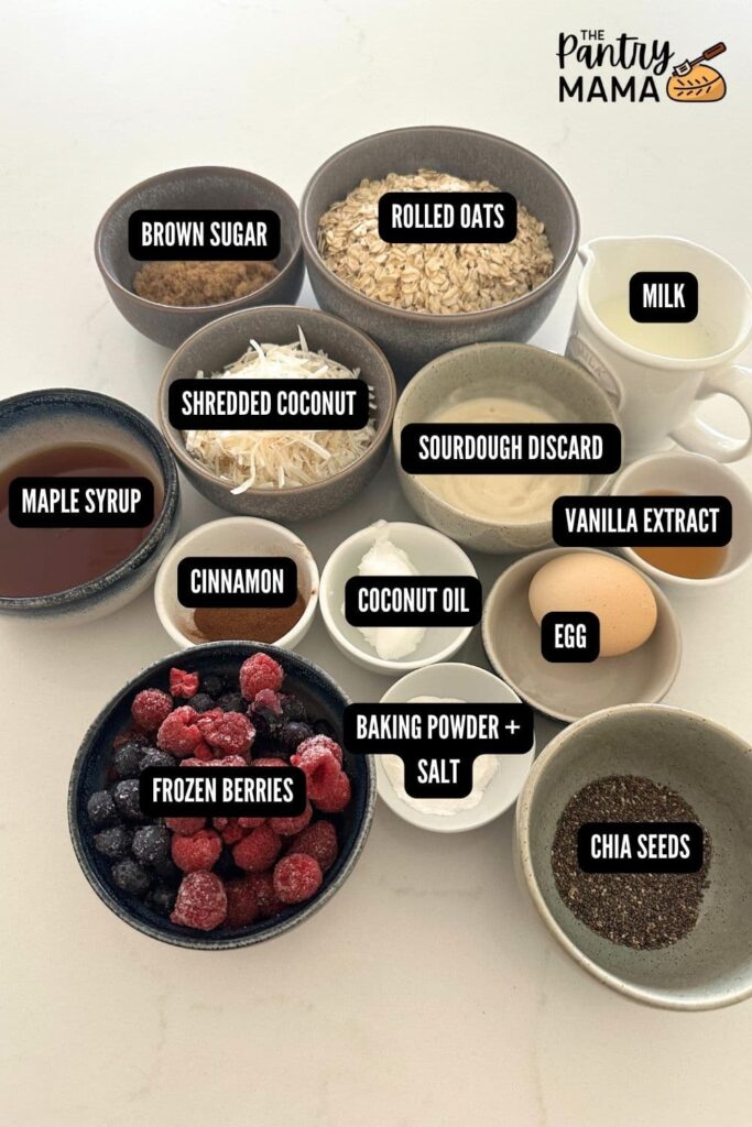 Flat lay of ingredients necessary to make sourdough discard oatmeal breakfast cups.