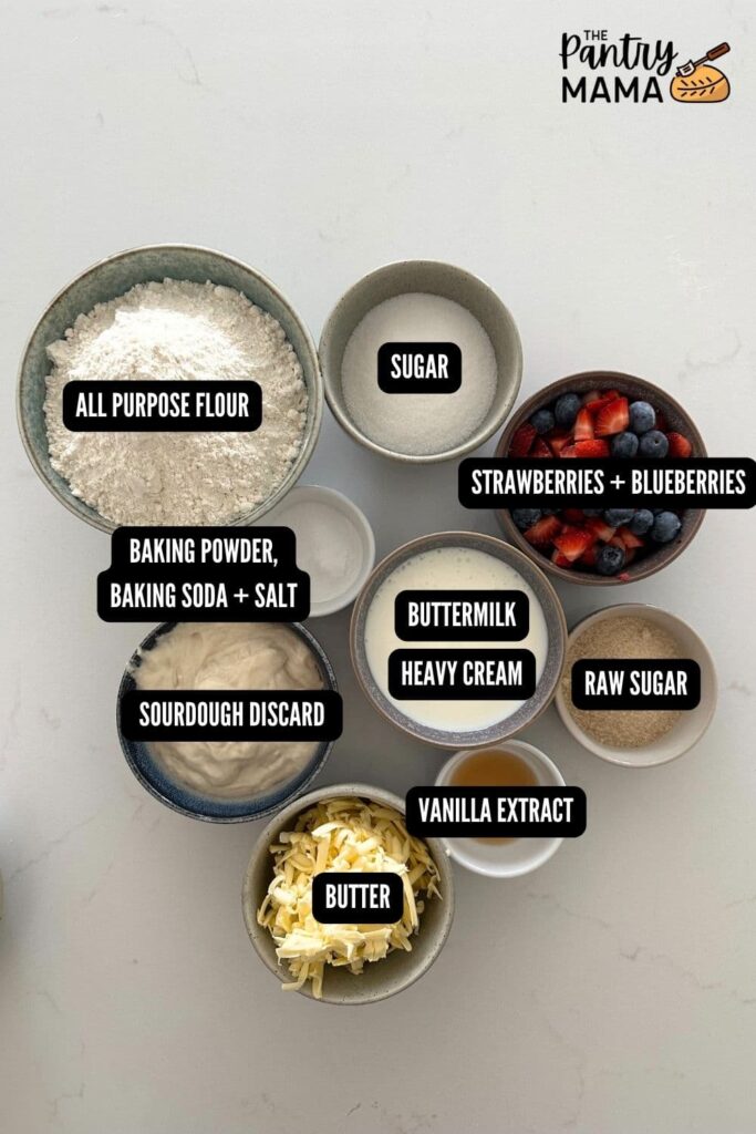 Flat lay of ingredients necessary to make sourdough berry sheet pan shortcake.