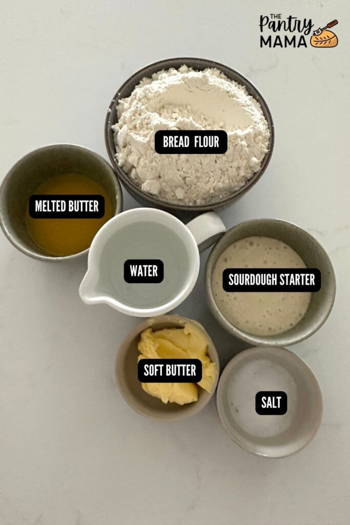 Flat lay of ingredients necessary to make sourdough buttered knot rolls.