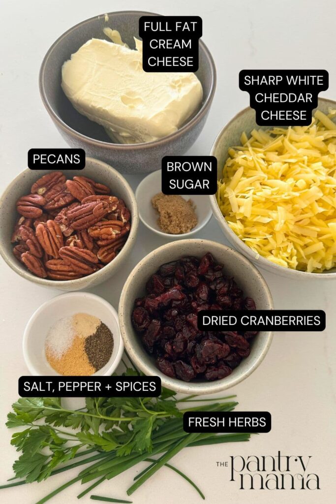 Flat lay of ingredients required for making a cranberry pecan cream cheese ball.