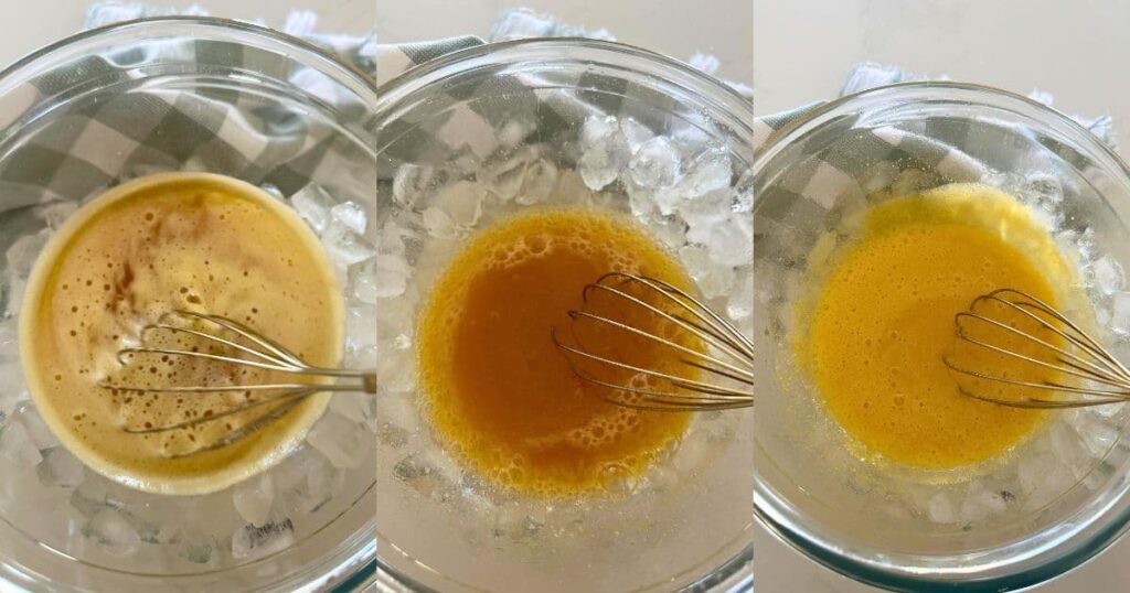 A trio of images showing the brown butter being whisked over ice as it cools and becomes paler in color.