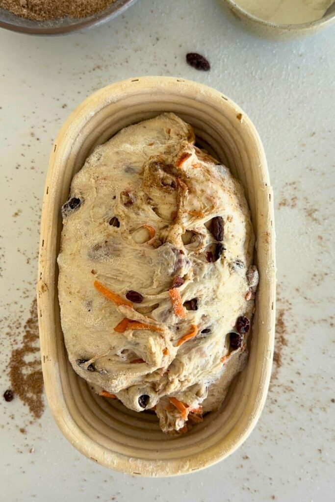 The dough for a sourdough carrot cake loaf sitting in a banneton. The base of the loaf has been stitched together.
