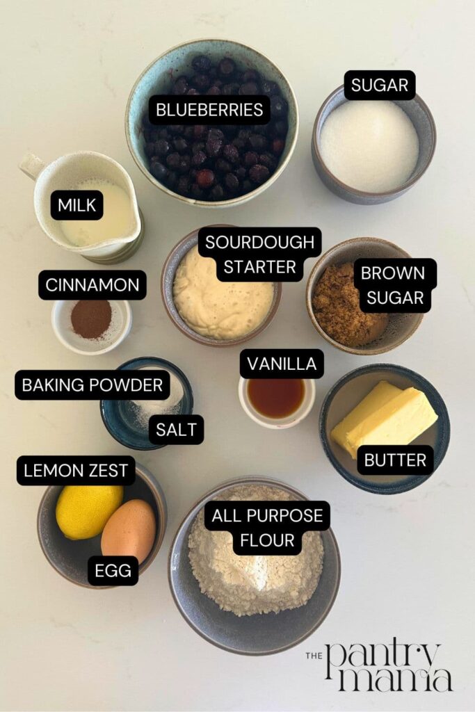 Flat lay of ingredients necessary to make a sourdough blueberry buckle.