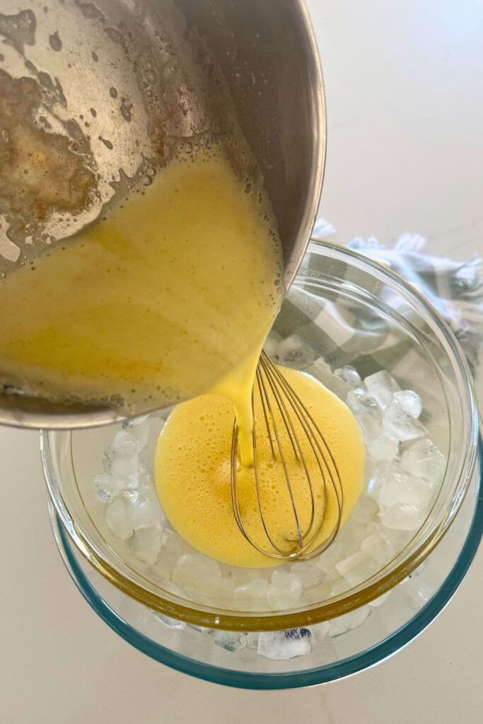 Pouring the brown butter into the heat proof bowl over ice.