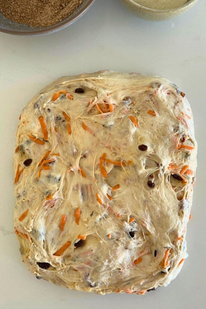 The dough for sourdough carrot cake bread stretched out into a rectangle ready to be shaped.