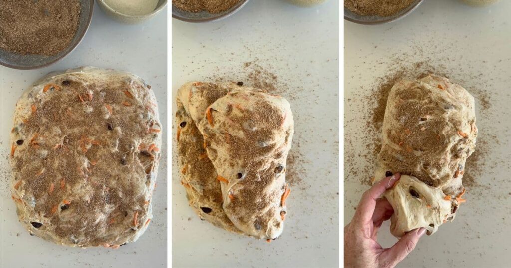 A trio of photos showing the shaping process for a sourdough carrot cake loaf.