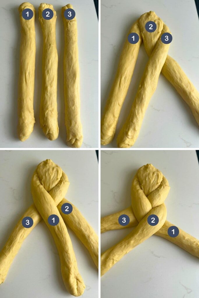 4 process photos showing how to braid sweet sourdough bread.