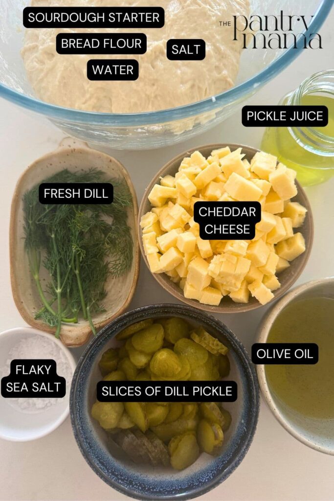 Flat lay of ingredients necessary to make sourdough dill pickle focaccia bread.