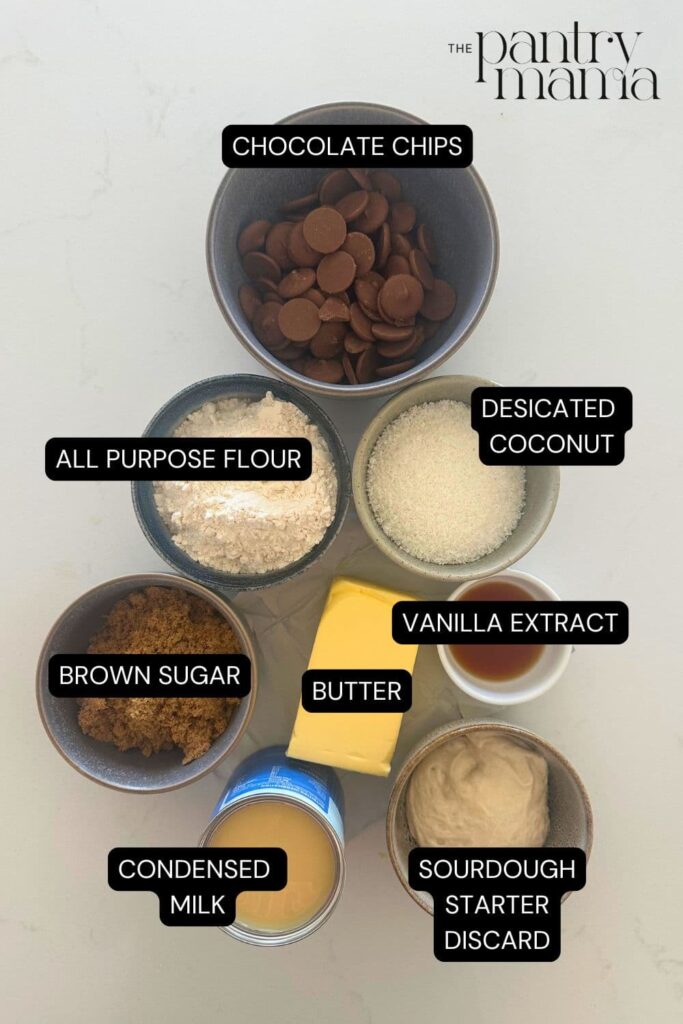 Flat lay of ingredients necessary to make sourdough caramel slice.