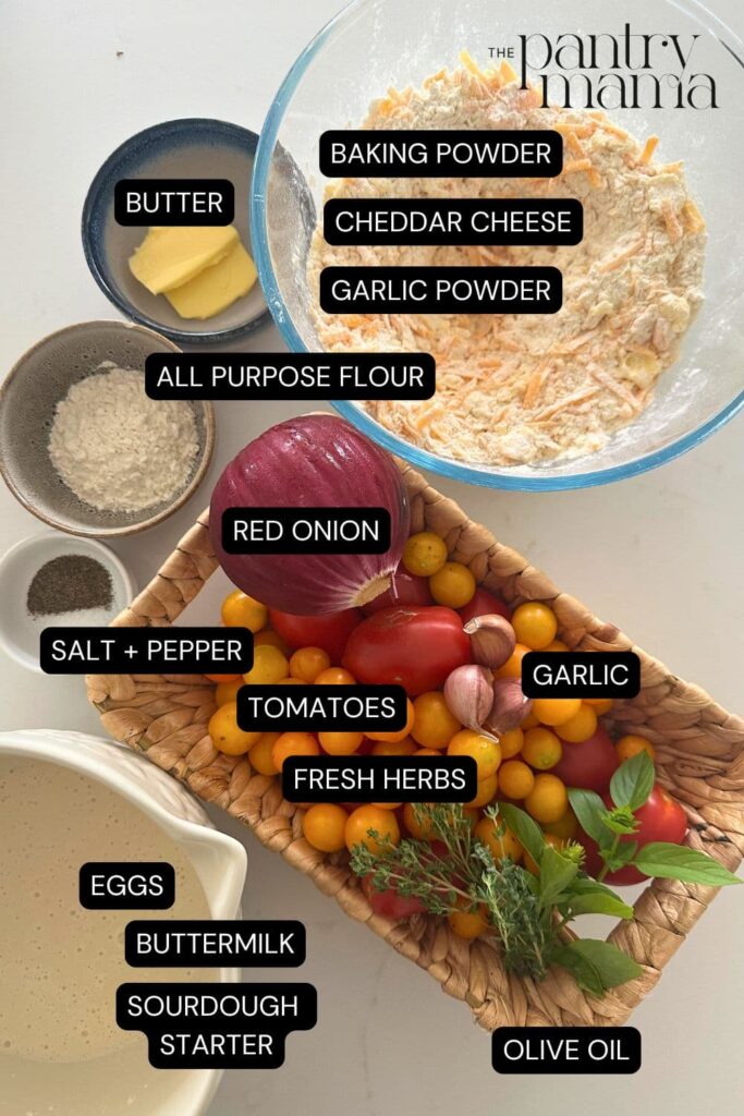 Flat lay of ingredients necessary to make a sourdough tomato cobbler.