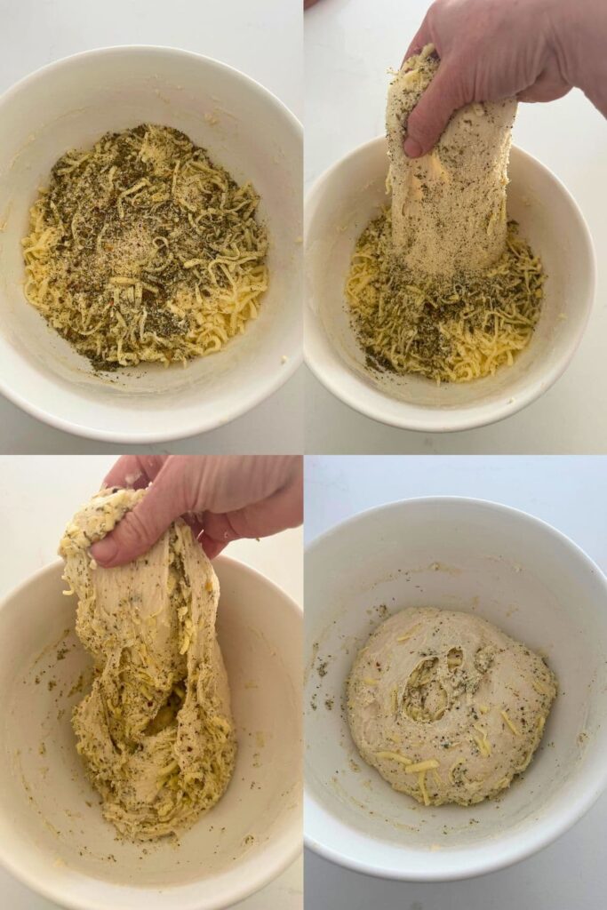 A series of 4 photos showing the process of adding the Italian herbs and cheese during the stretching and folding process.
