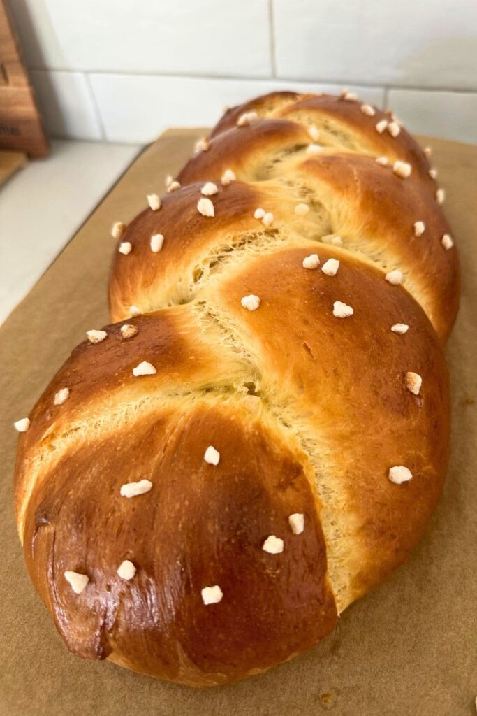 Sweet braided sourdough that has just been baked and taken out of the oven.