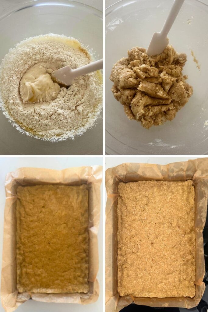 4 process shots showing how to the make the base for sourdough caramel slice.