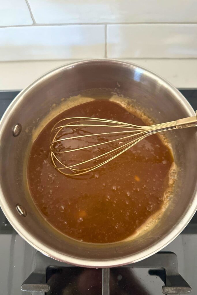 Brown sugar and butter mixture that is starting to caramelise in the pan.