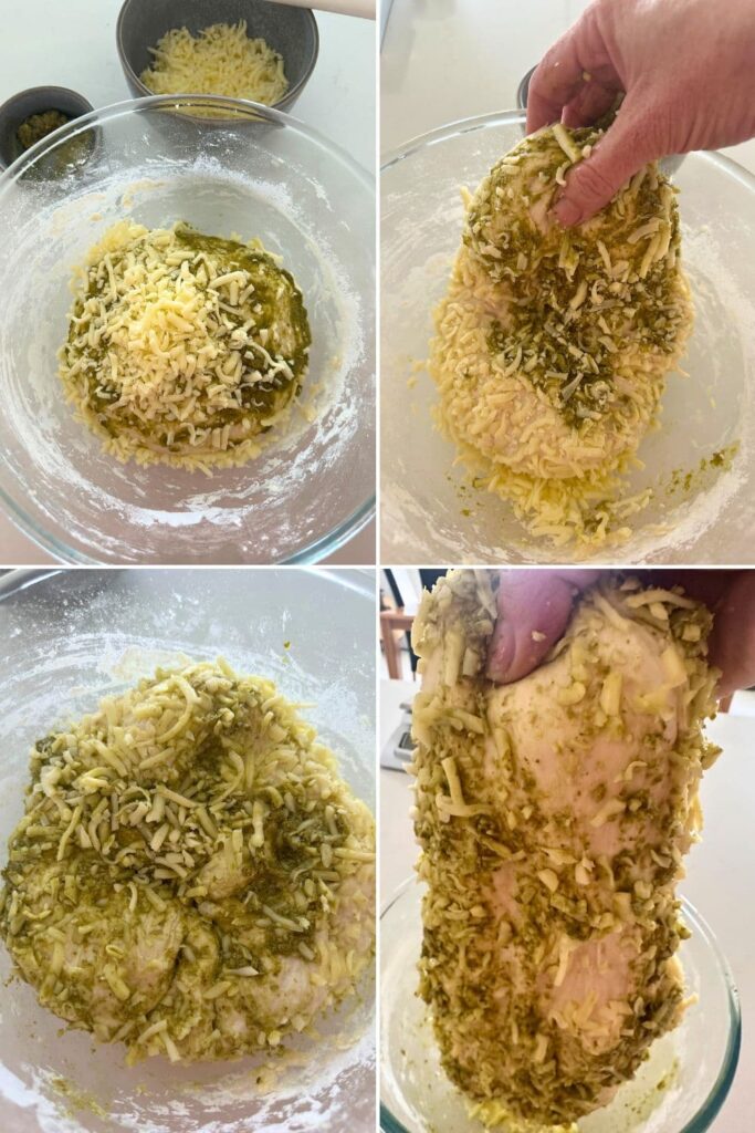 4 process images showing the basil pesto and mozzarella cheese being stretched and folded into the sourdough.
