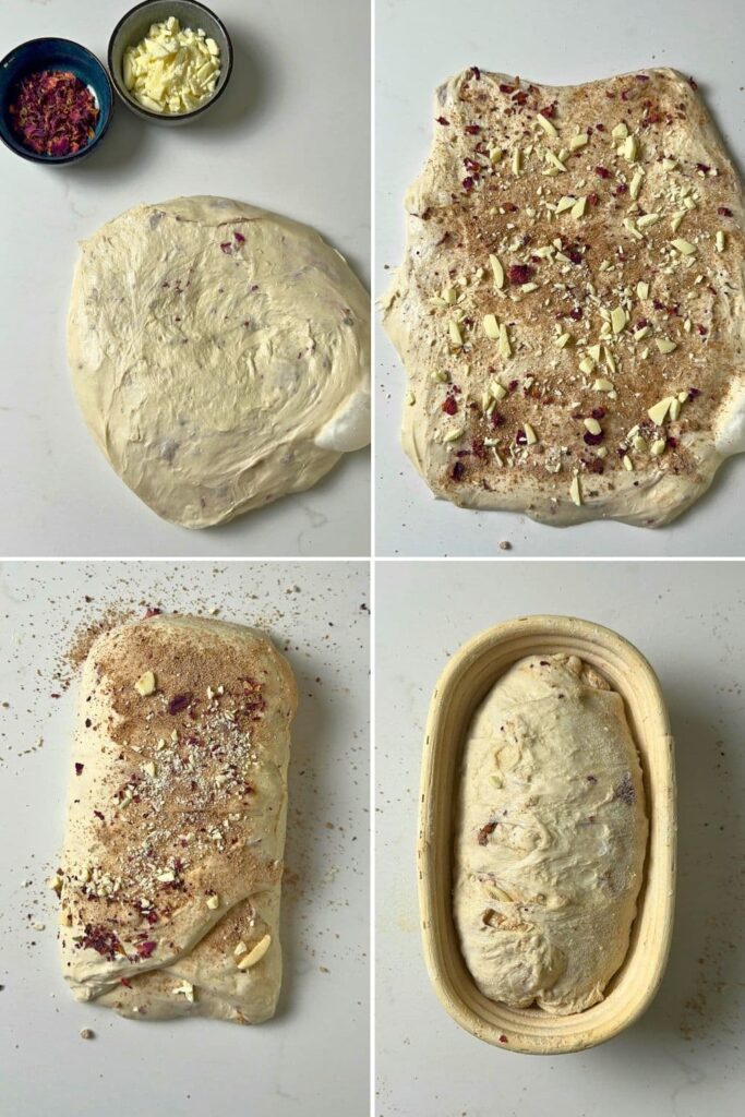 4 process photos showing how to shape rose petal sourdough bread. The last photo shows the shaped sourdough in a banneton.