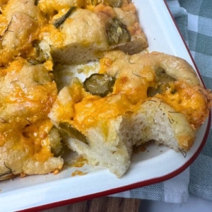 Sourdough dill pickle focaccia bread - recipe feature image.