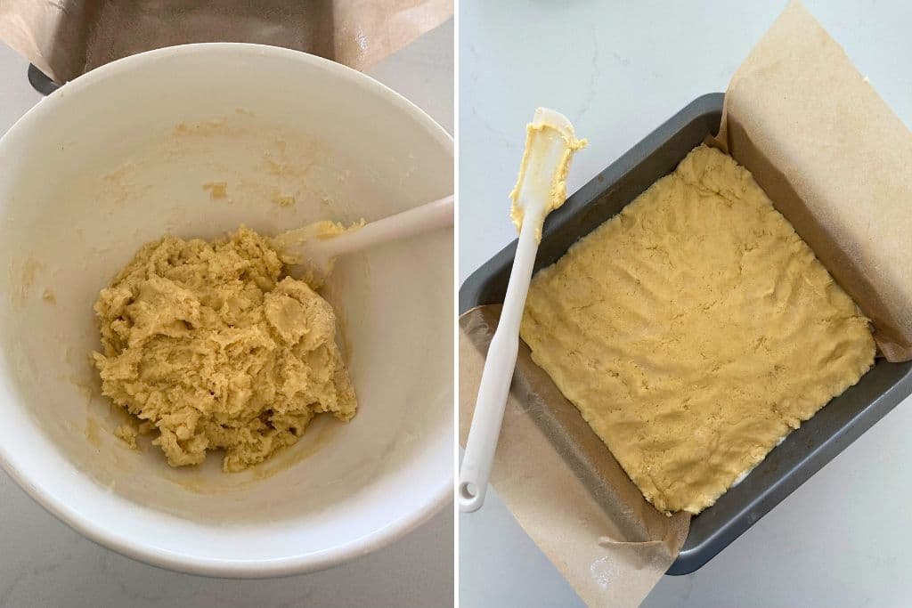 Two photos side by side showing the process of mixing the cookie dough into a soft dough and putting it into a square 9" x 9" pan using a white spatula.