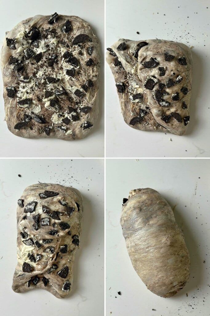 A set of 4 process photos showing how to add the Oreo cookies to the sourdough during the shaping process. The dough is spread out into a rectangle and the cream filling and cookie pieces added before the dough is rolled up like a burrito.