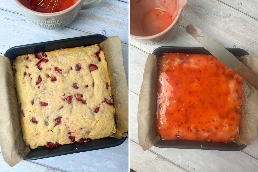 Process photos showing the sourdough strawberry bars baked fresh out of the oven and then covered in the strawberry glaze.