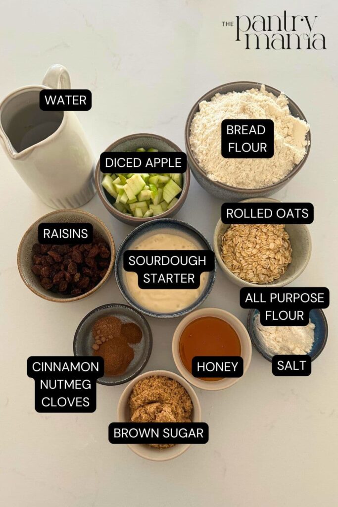 Flat lay of ingredients necessary to make sourdough apple crisp loaf.
