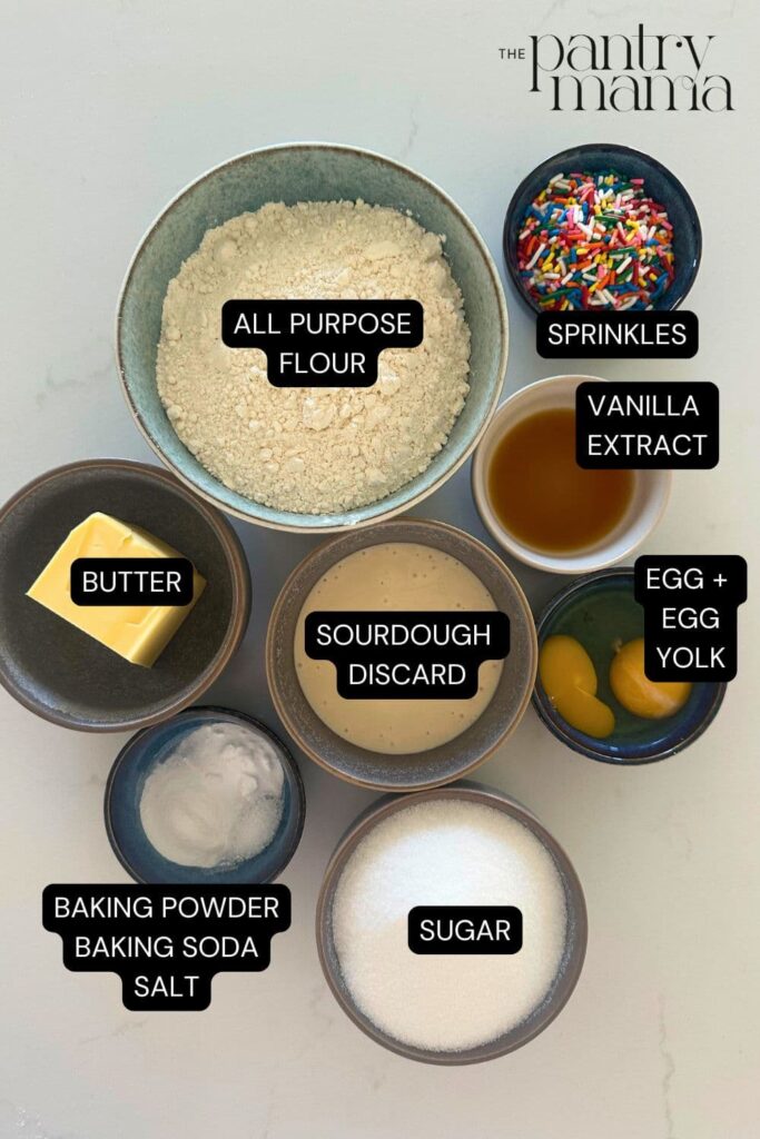 Flat lay of ingredients necessary to make Sourdough Funfetti Cookies.