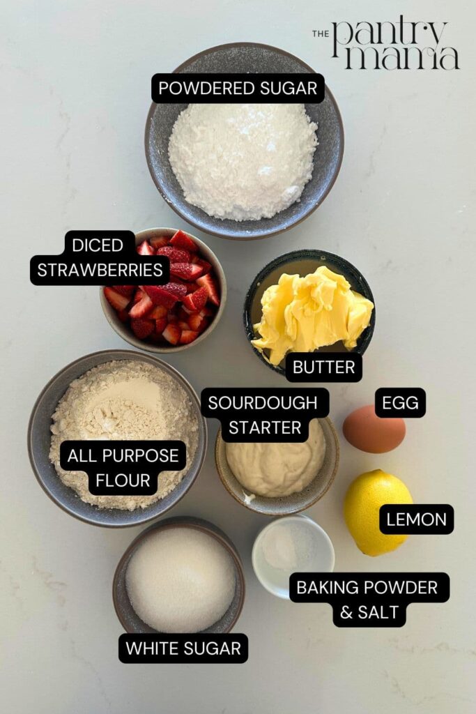 Flat lay of ingredients necessary to make sourdough strawberry bars.