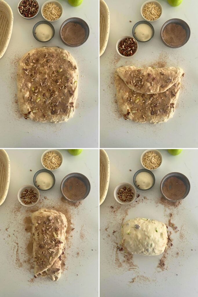 4 process photos showing how to shape the sourdough apple crisp dough into a batard.