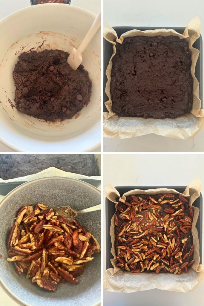4 process photos showing the process of adding the spiced sourdough brownie batter to the pan and topping with the buttered, sugared pecans.