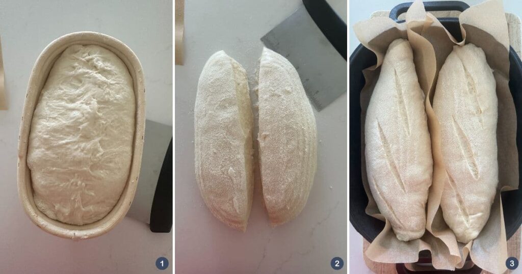 A sourdough batard that has been sliced into two halves and then placed into a cast iron Dutch oven to be baked.