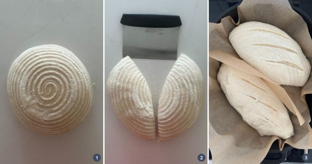 3 photos showing a boule being cut into halves and scored and then placed into a cast iron bread pan with parchment paper to be baked.