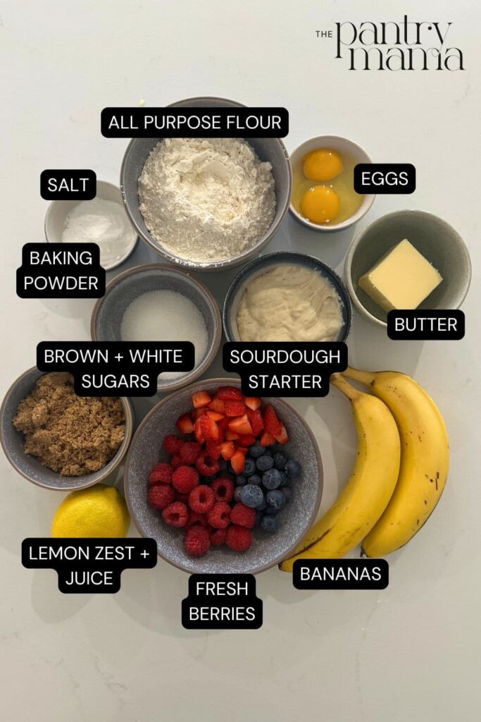 Flat lay of ingredients necessary to make sourdough berry banana bread.