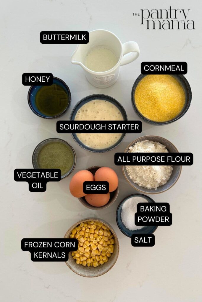 Flat lay of ingredients necessary to create sourdough cornbread loaf.
